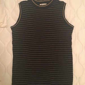 Ann Taylor sleeveless top, black with gold thread stripes, neck/arm trims, Med